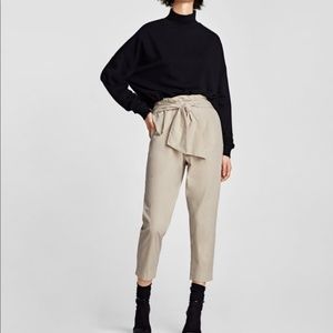 Zara beige paper bag tie pants/trousers